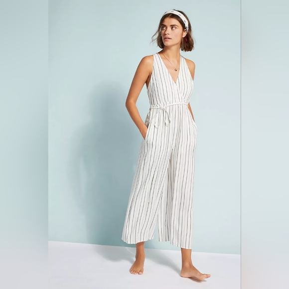 Anthropologie L Space Austin Jumpsuit Blue & White Striped Wide Leg Size M Boho - Picture 1 of 14